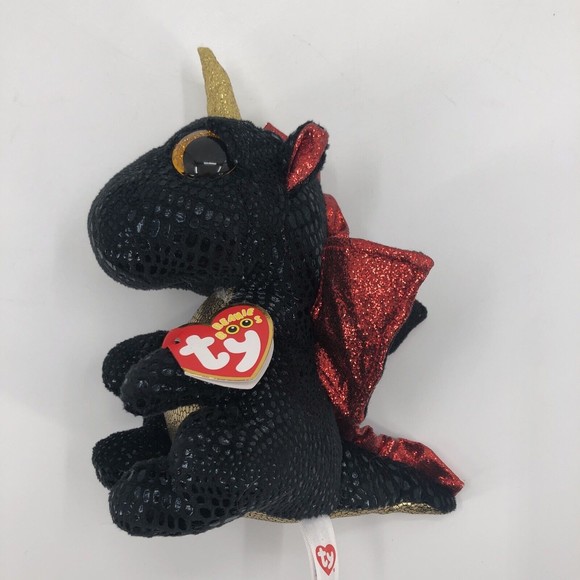 Ty Beanie Boos Grindal Dragon Unicorn Plush Black Gold Red Wings 2021 6" TAG - Picture 4 of 12